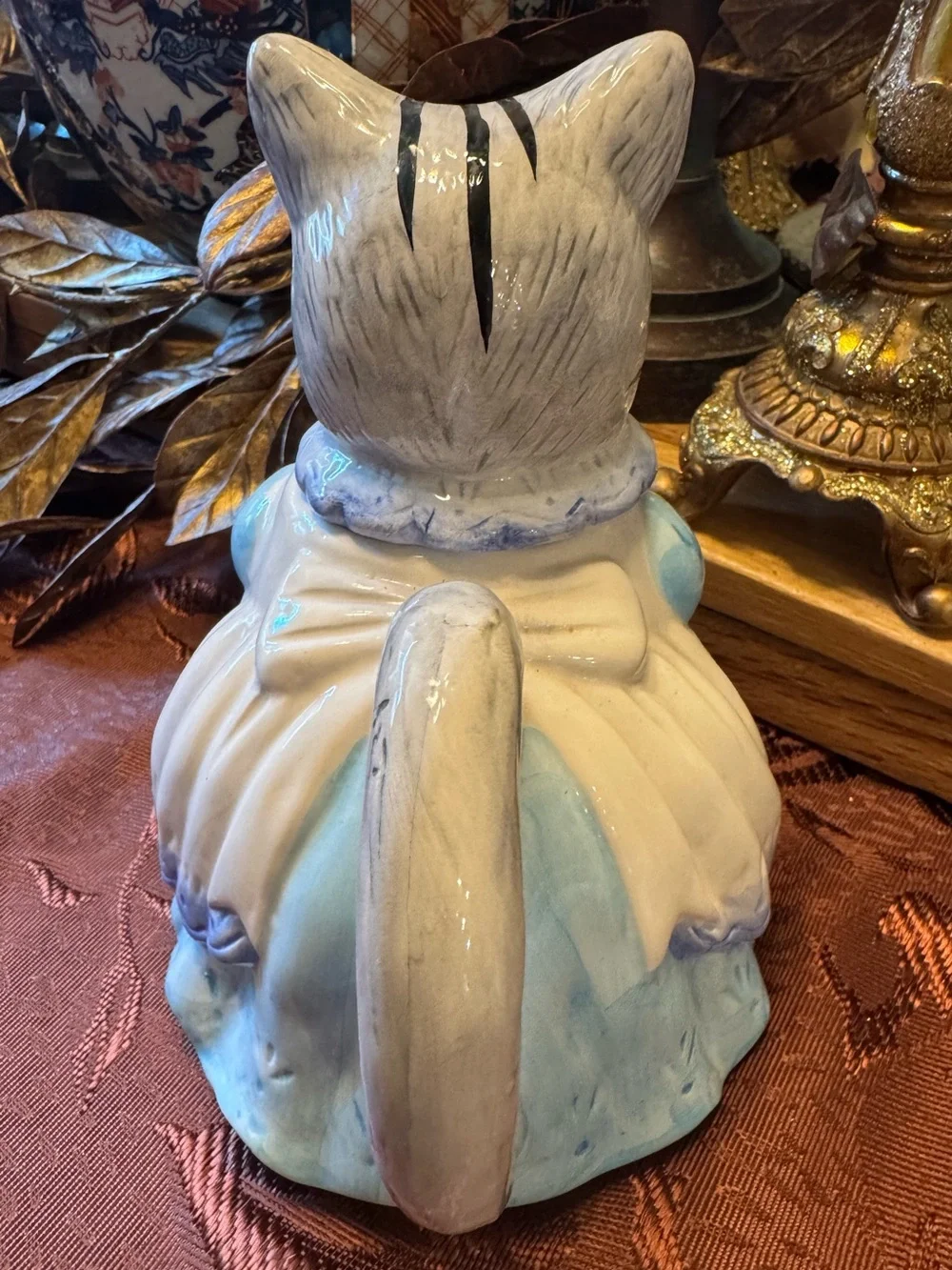 Vintage 80s 90s Takahashi SF Ceramic Gray Tabby Cat Teapot or Tea Pot Blue White